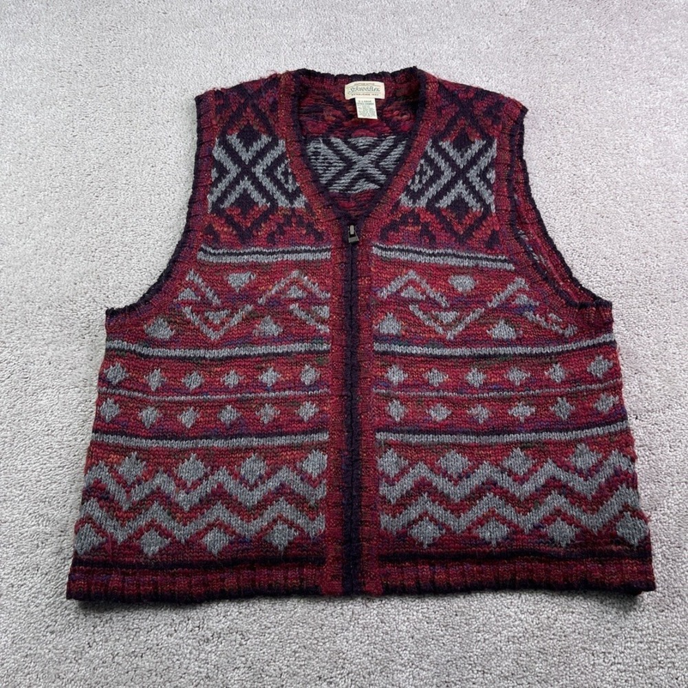 Vintage St Johns Bay Sweater Vest Womens XL Burgundy Fair Isle Zip Up Wool Blend